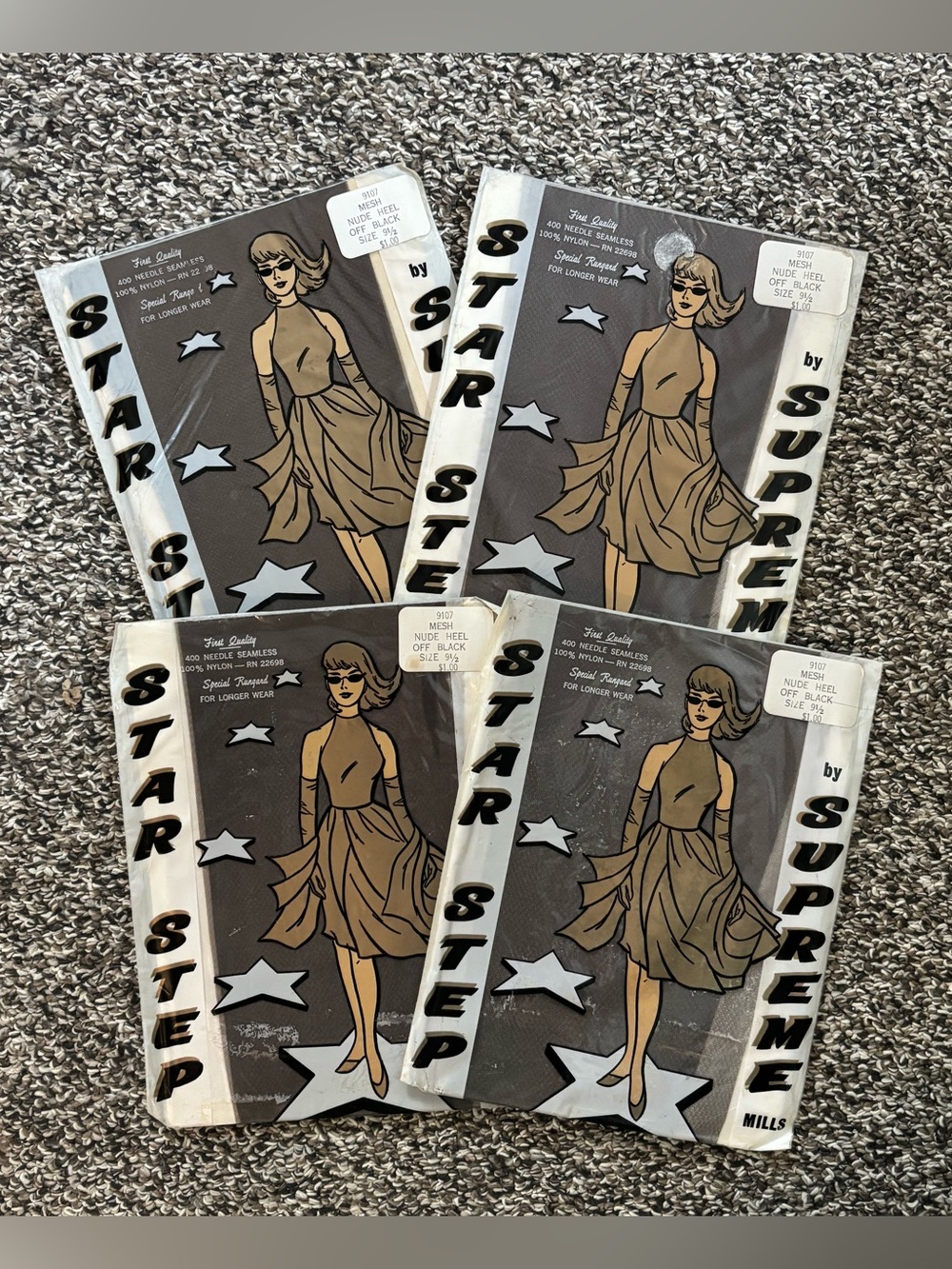 60's Star Step Off-Black Nylons - 4 pairs - Size 9.5 - 60's Hosiery - Pantyhose